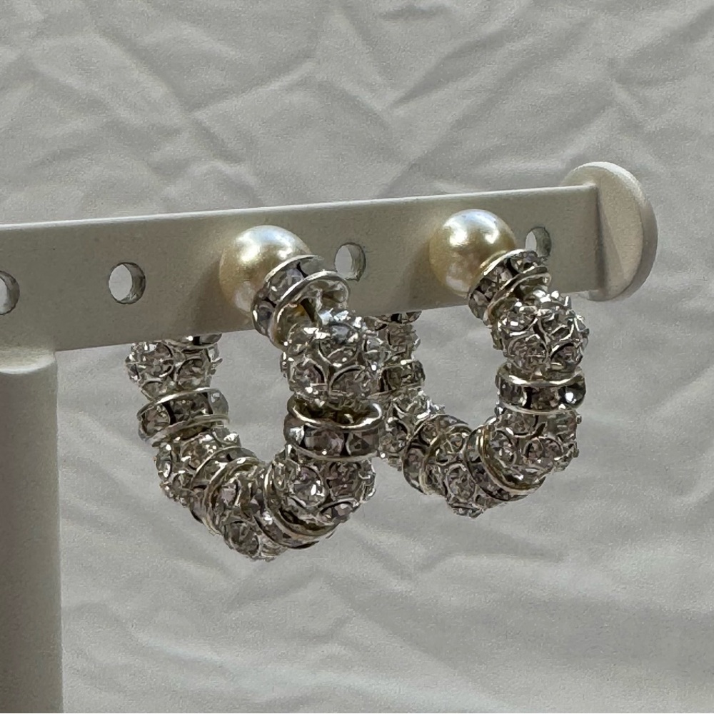 Genuine Pearl & Crystal Hoop Earrings Wedding Bridal Nonpierced Exquisite Gift